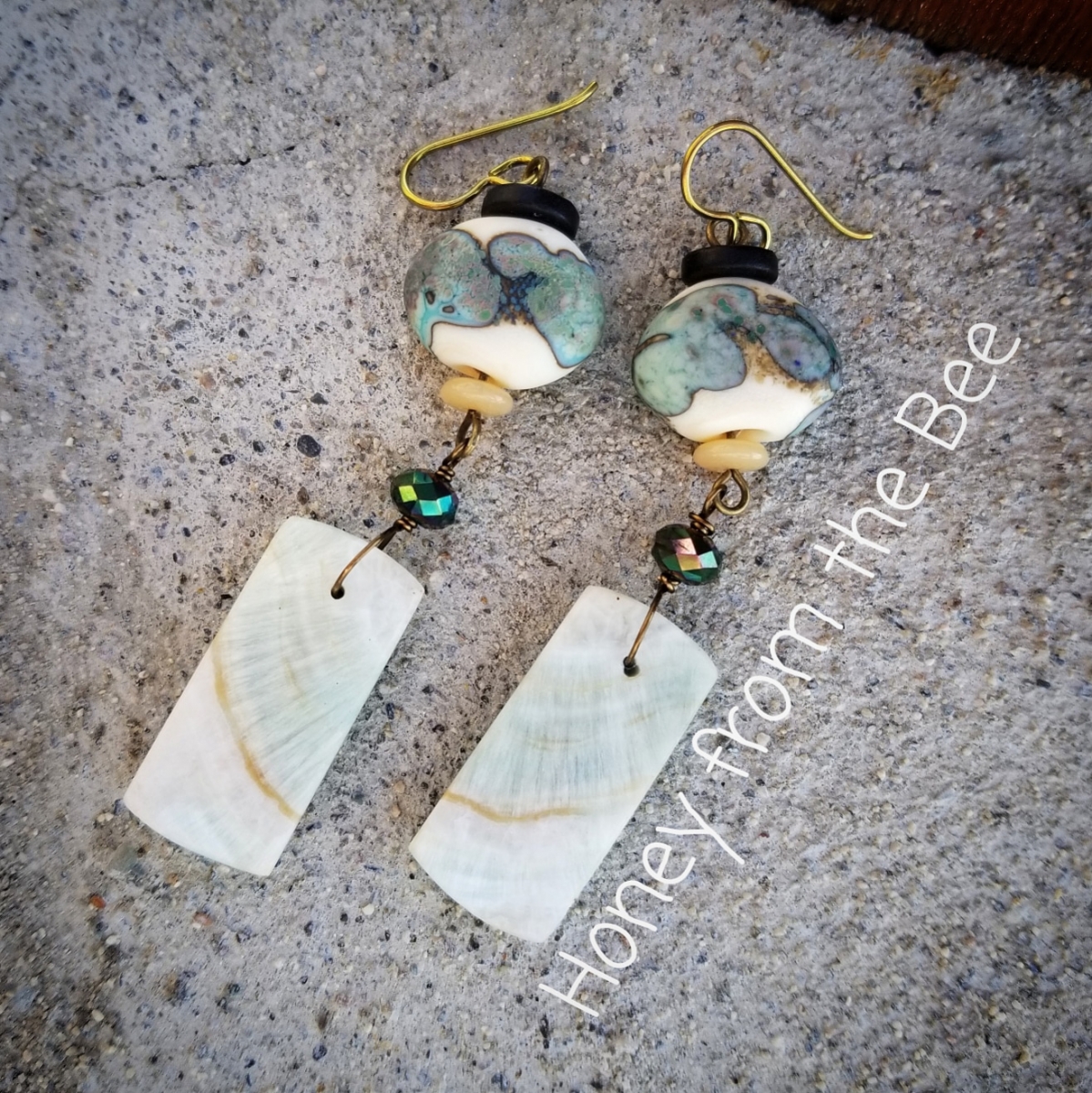 Green and White artisan earrings