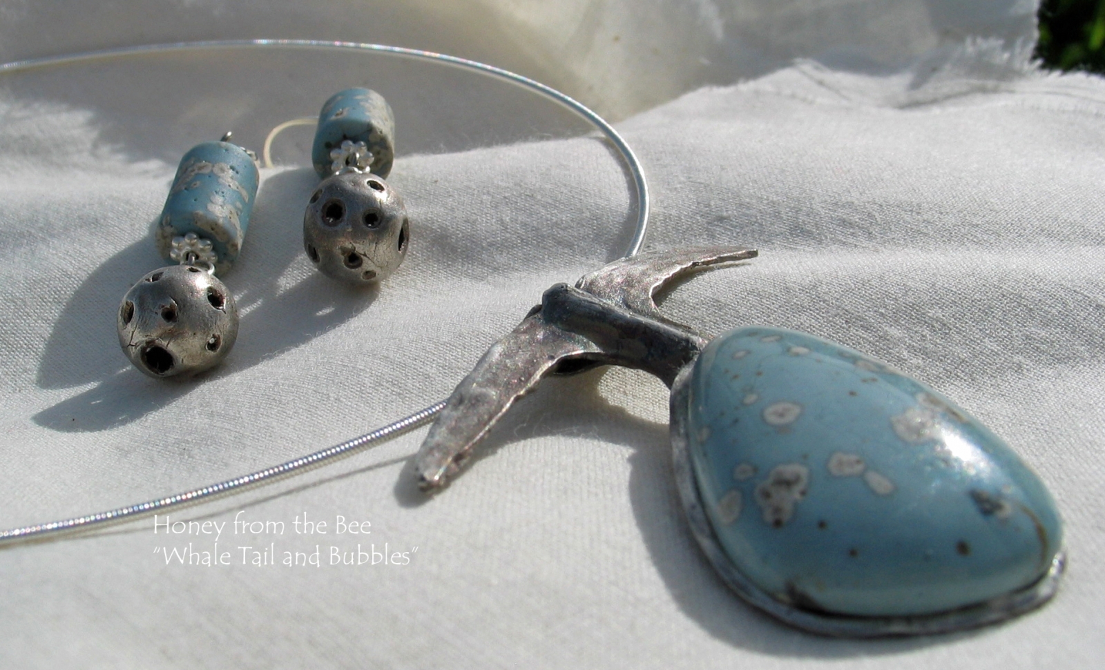 Fine silver and Leland Blue Slag Pendant and Earrings