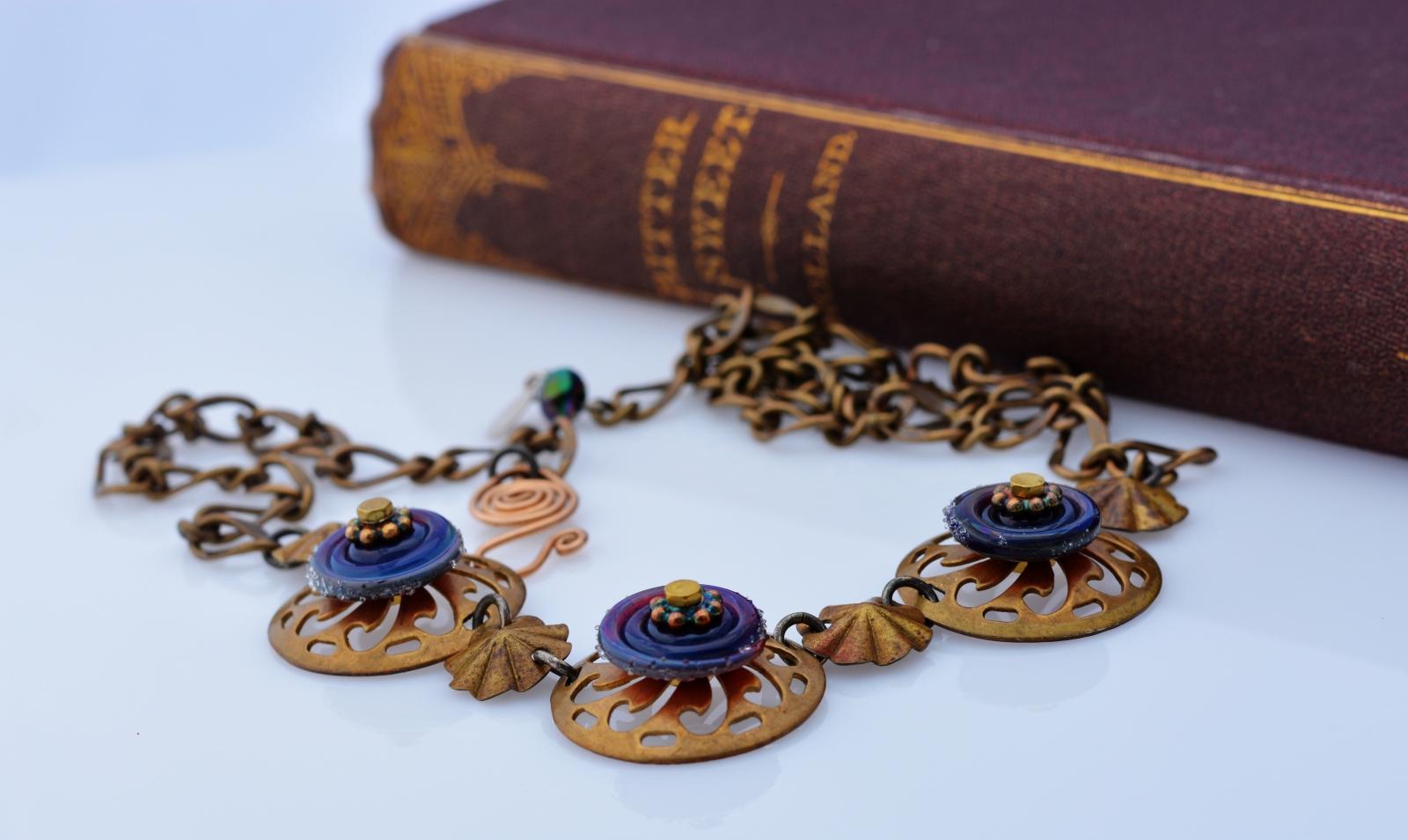 Vintage brass filiegree with lampwork discs - Turkish inspired necklace by Honey from the Bee