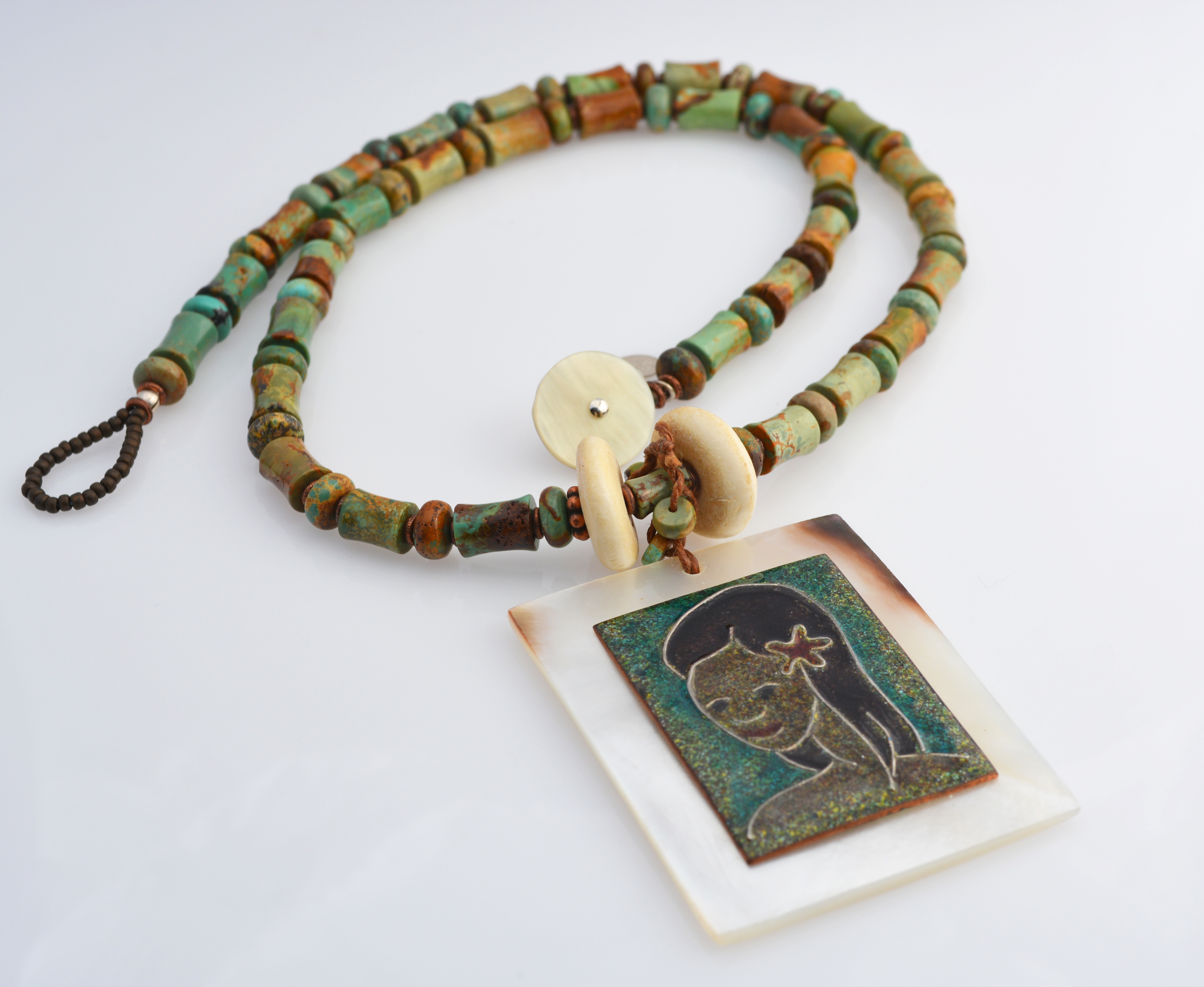 Vintage enamel and mother of pearl focal with turquoise necklace