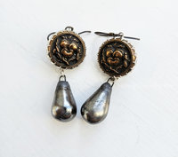 Mixed Metal look art earrings feature antique buttons and ceramic drops