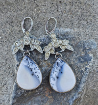 One of a kind Winter earrings feature a dendritic opals with a snowy scene and vintage rhinestone finding