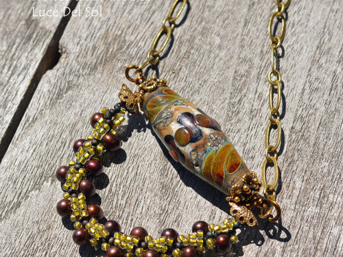 Warm brown and green Lampwork Necklace, copyright Honey from the Bee