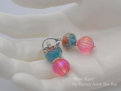 Pink lucite and sky blue earrings