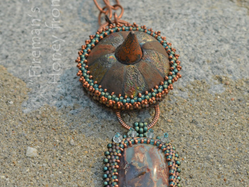 One of a kind Boho style pendant features bead embroidery and Prudent Man Plume Agate cabcohon