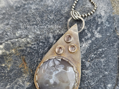 Sterling silver teardrop pendant with bubbly Botswana Agate and Moonstones