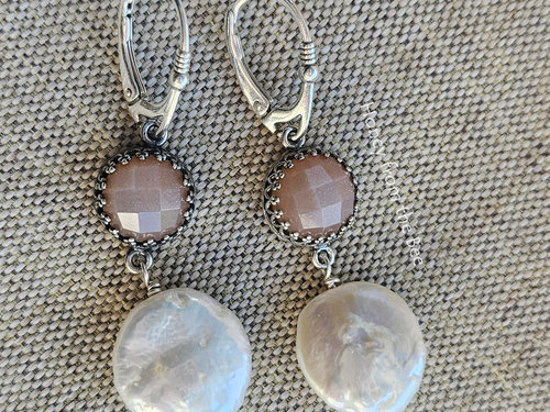 Soft pink peach moonstones are so sweet with the classic coin pearls in this pair of art earrings.