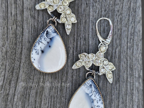 Winter statement earrings feature vintage rhinestones and dendritic opal set in sterling silver