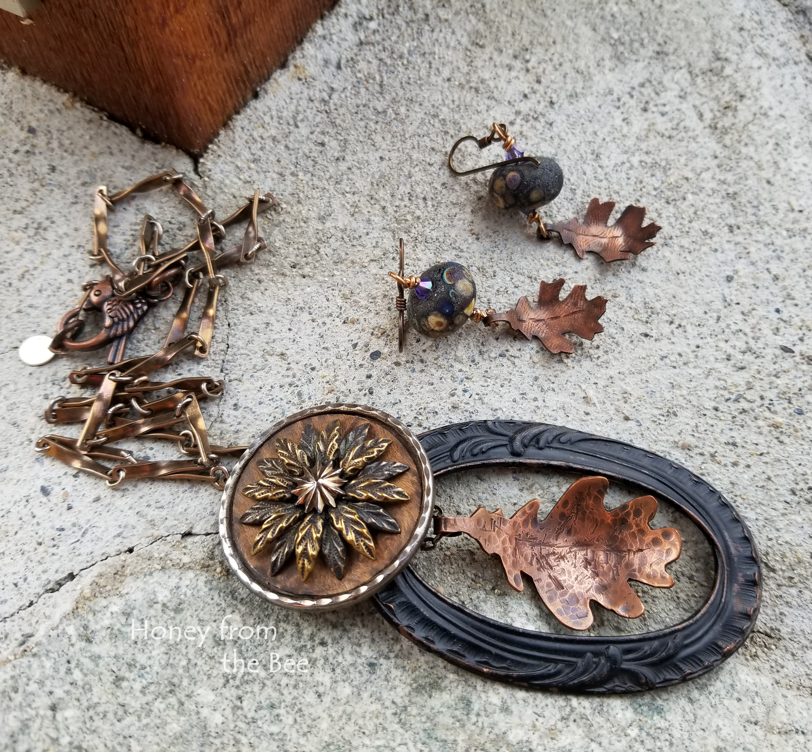 Forged Copper Leaf Pendant and earrings set