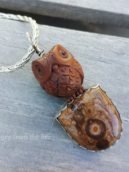 Someone To Watch Over me pendant features owl ojime, orbicular rhyolite, sterling silver