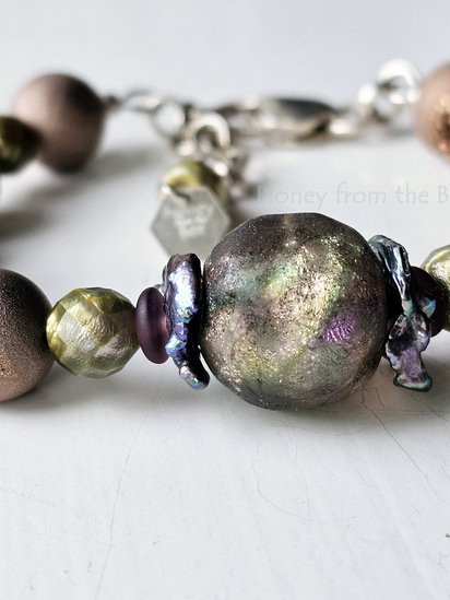 Spring Vibes bracelet features Basha bead, pearls and druzy