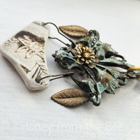 One of a kind necklace features sea pottery, brass and crystal