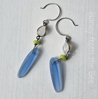 Moonstone earrings with blue and lime glass