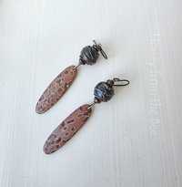 Artisan earrings feature lampwork and jasper in shades of pink and dark blue