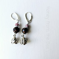Silver Rosebud earrings with pink and black