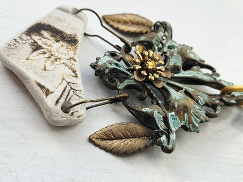 One of a kind necklace features sea pottery, brass and crystal