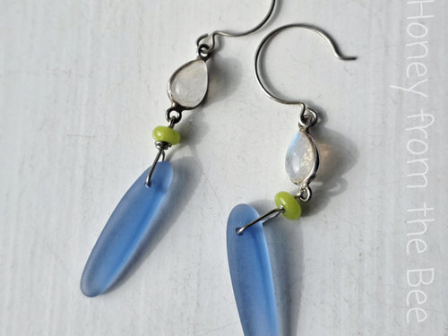 Moonstone earrings with blue and lime glass