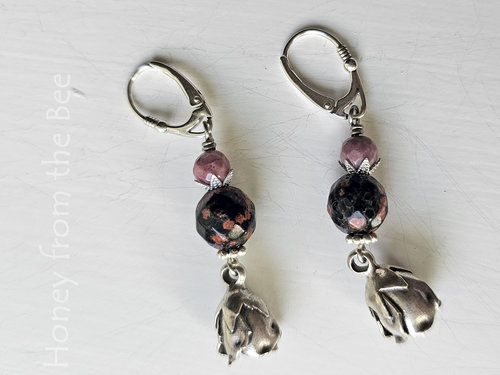 Pink and black earrings with silver rosebuds