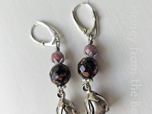 Mexican Red Snowflake jasper earrings with silver rosebud