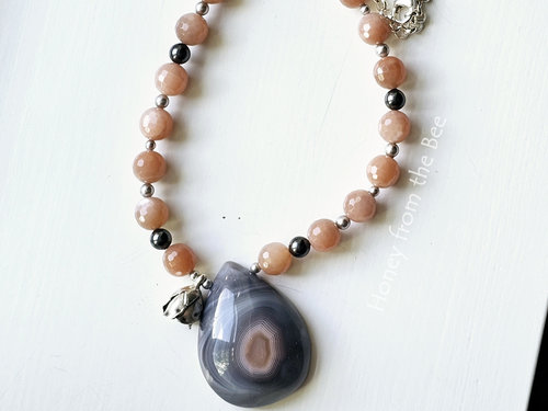 Peach and grey necklace with gemstone and sterling silver 