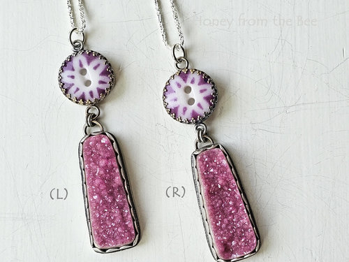 Bright pink Cobalto Calcite drusy pendant with antique calico button