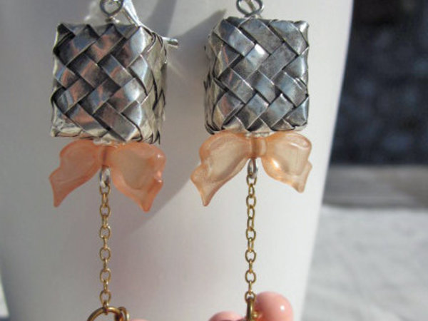 Sterling Silver box earrings are woven and have pink ribbon and bead dangles