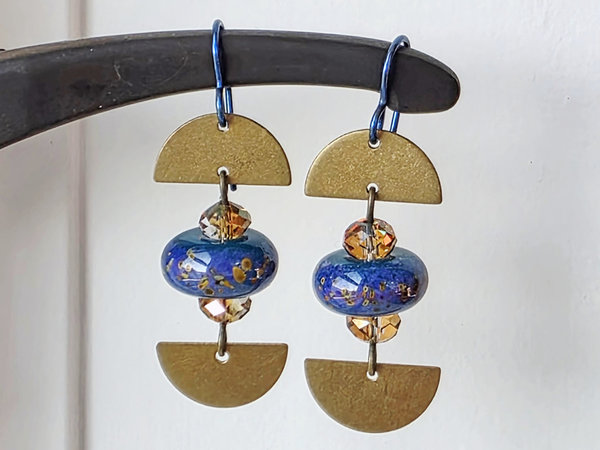 Blue and gold earrings with copper accent