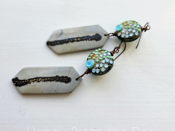 Lampwork with jasper earrings in aqua, orange and brown