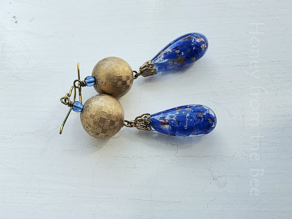 Vintage Venetian glass earrings in blue and gold