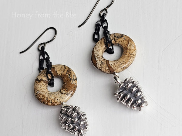 Silver pinecone earrings with picture jasper