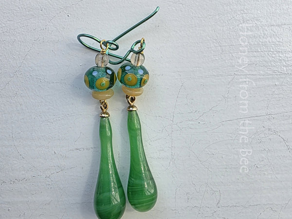 Green and yellow earrings with vintage glass and lampwork