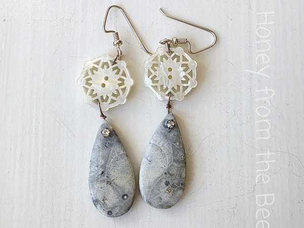 Grey and white earrings feature orbicular jasper