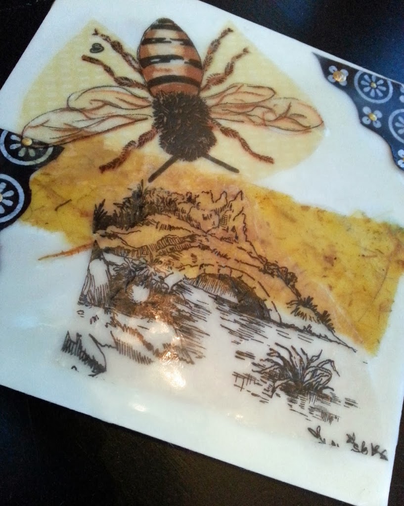 Honey bee collage in encaustics