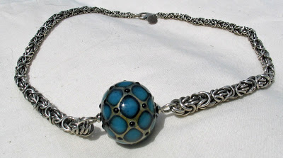 Graduated sterling silver Byzantine necklace with Michael Barley lampwork