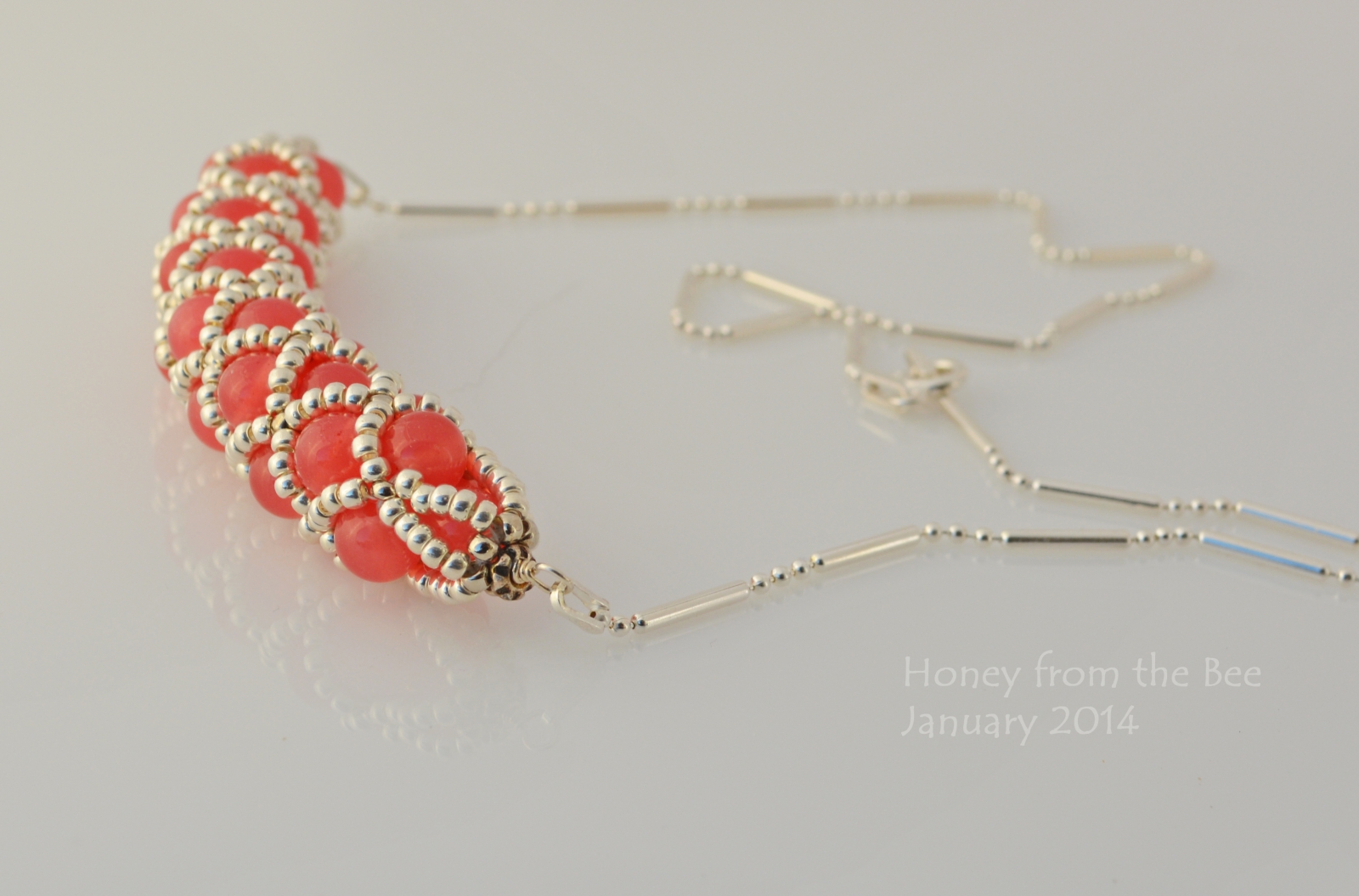 Cherry Quartz and silver seed bead netted necklace