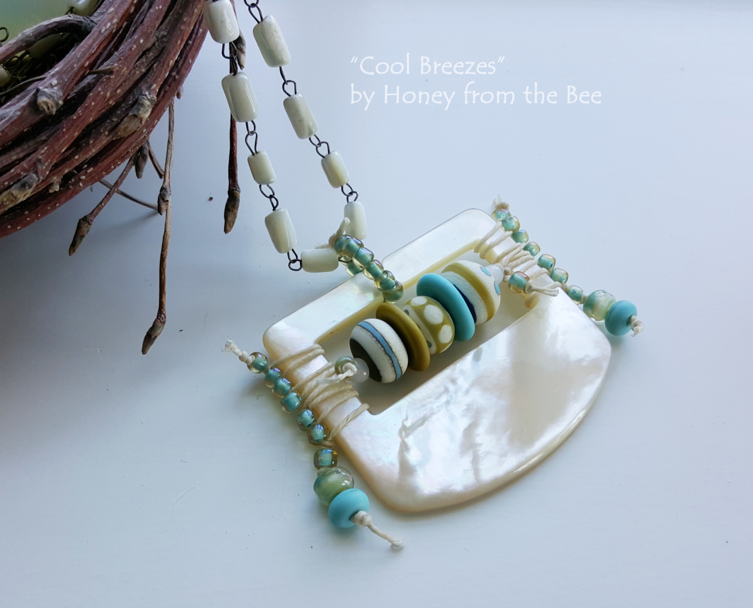Mother of Pearl, Turquoise and Sage Green Statement Necklace
