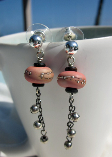 Coral lampwork with silver dangle earrings