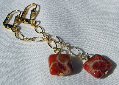 Red Fossilized Coral Agate on chain earrings by Honey from the Bee