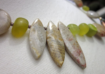 Fossliized Coral agate daggers with spring green artisan necklace by Honey from the Bee