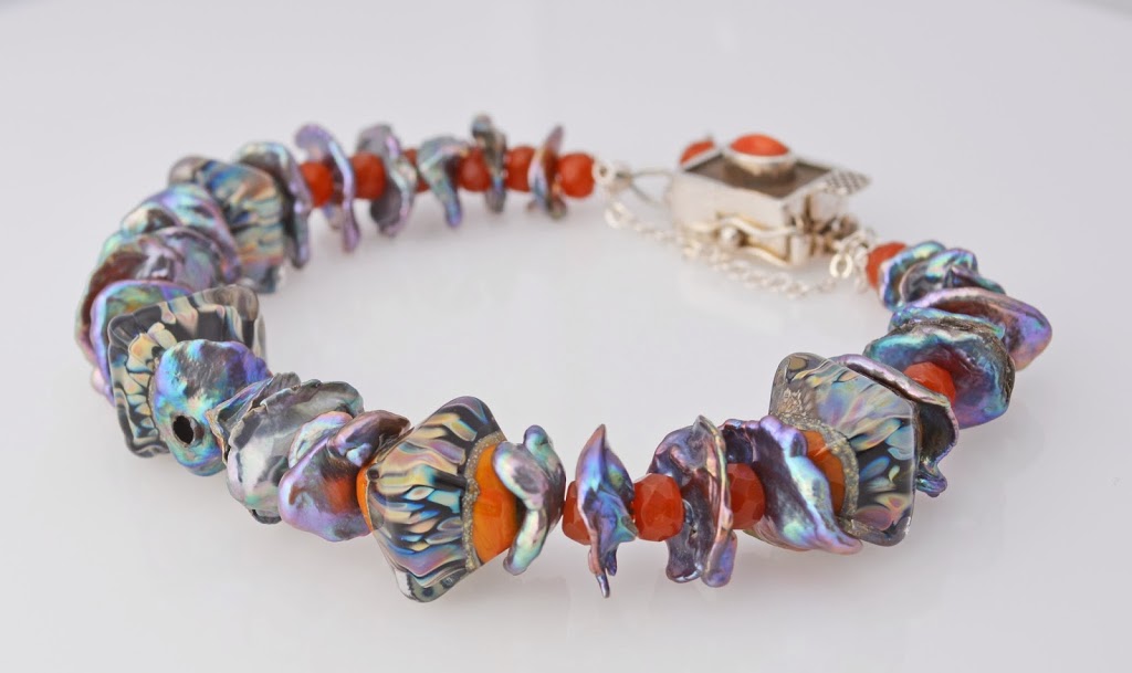 Lampwork and Peacock Keshi Pearl bracelet