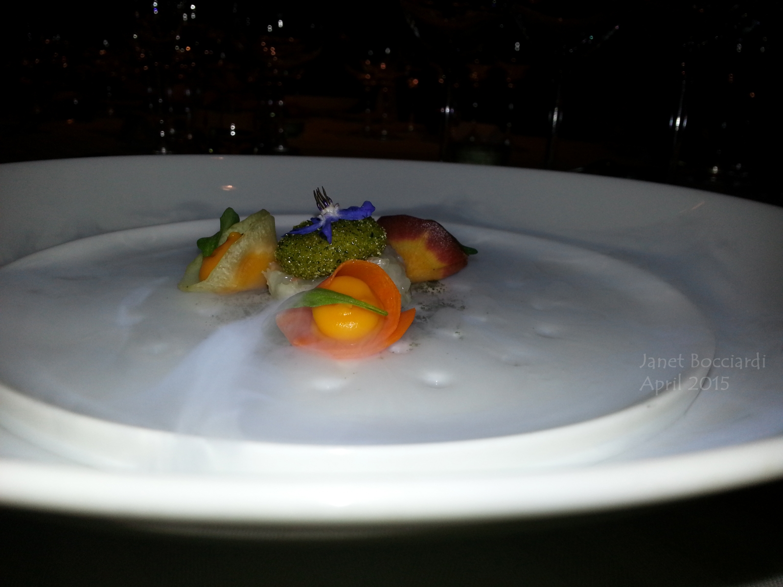 Langoustine Tartare, Heirloom Carrot Petals, Poached-Fried Quail Egg; Guy Savoy