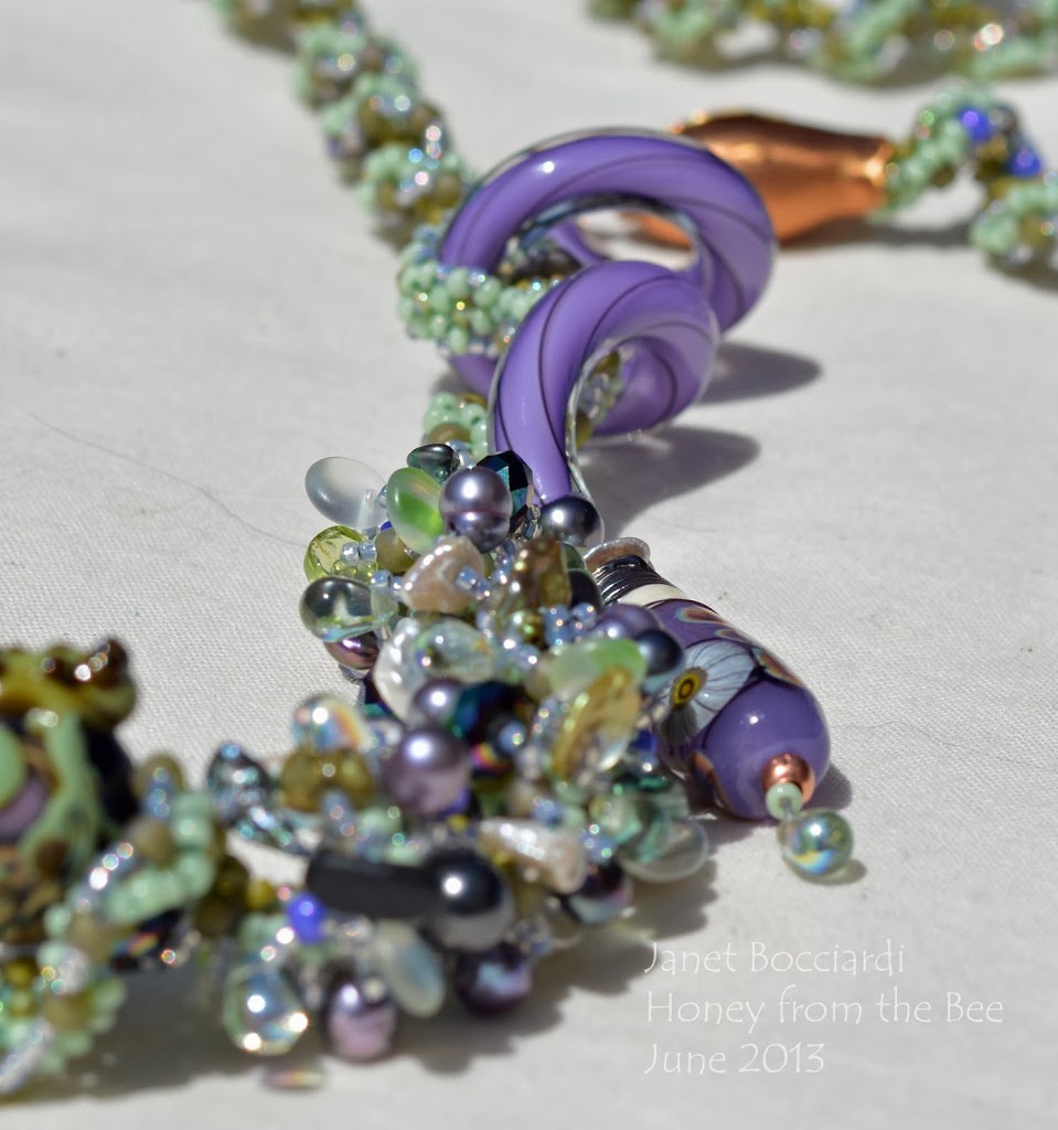Soft Green and Purple Seed bead spiral and lampwork statement necklace