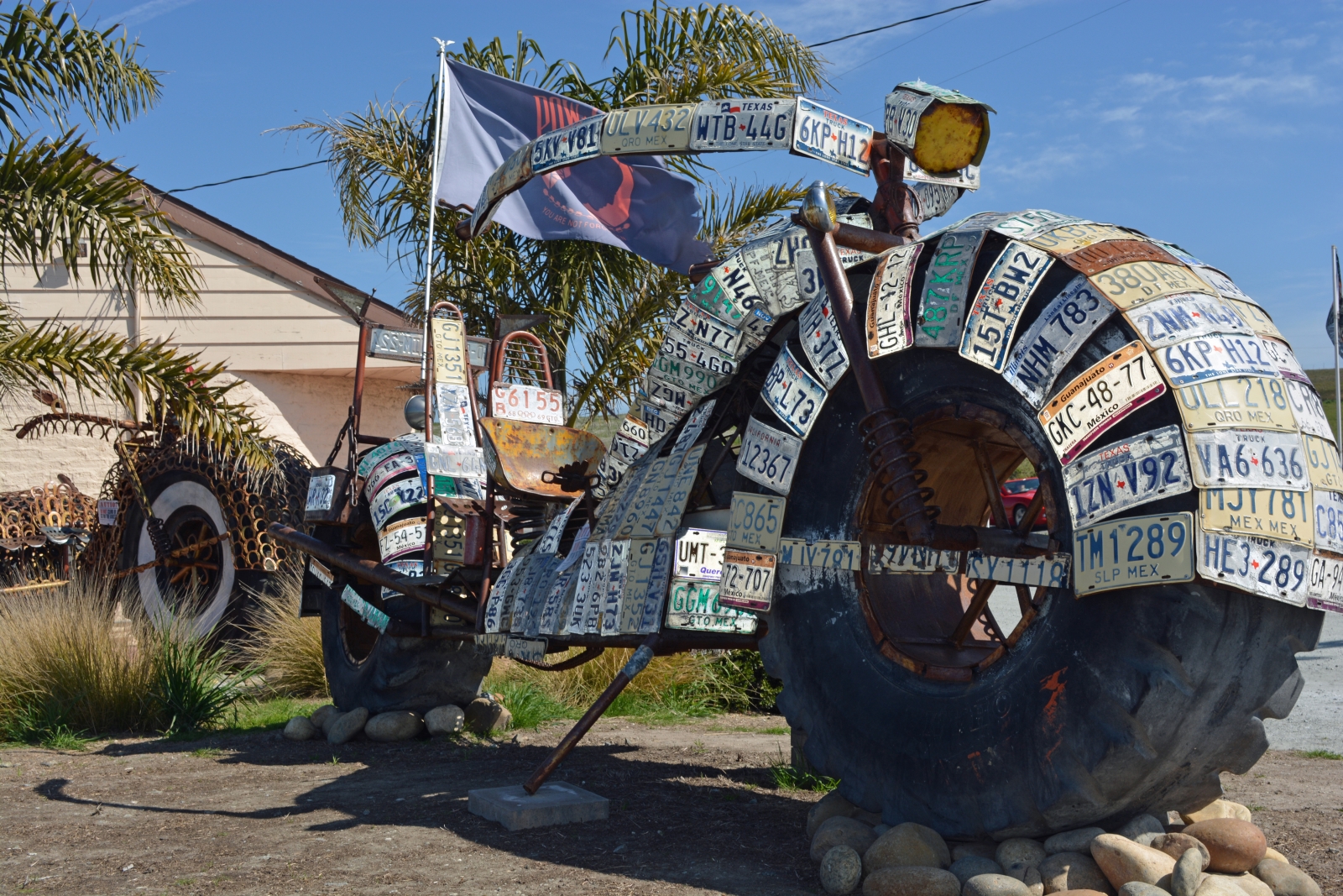 Motorcycle sculpture made from license plates