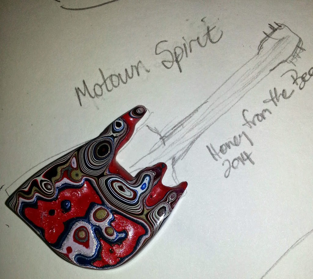 Guitar brooch with Fordite sketch by Honey from the Bee