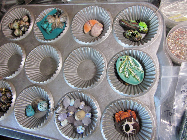 Muffin Tin filled with beads on Honey from the Bee's table