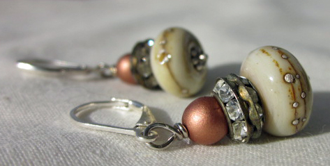 Copper and White Lampwork earrings by Honey from the Bee