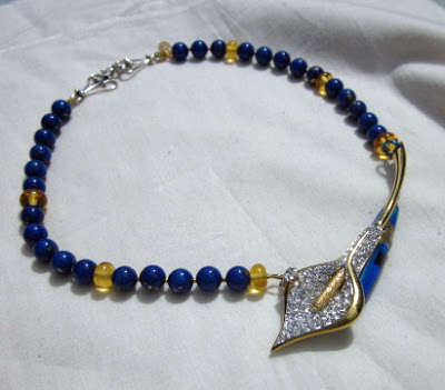 Navy blue and yellow artisan necklace by Honey from the Bee