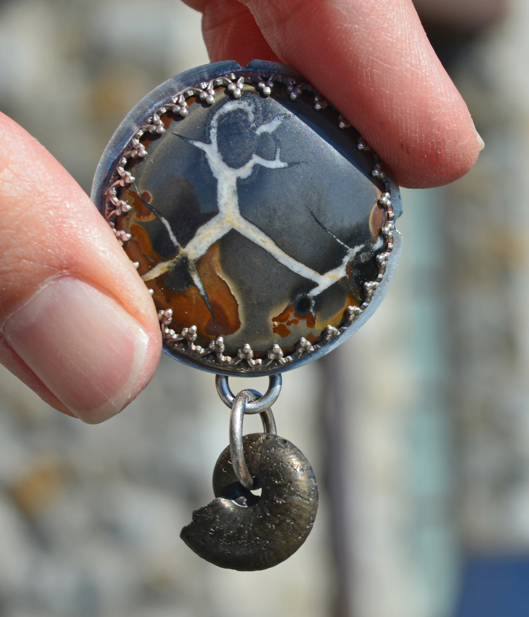 Septarian Geode and Ammonite Brooch