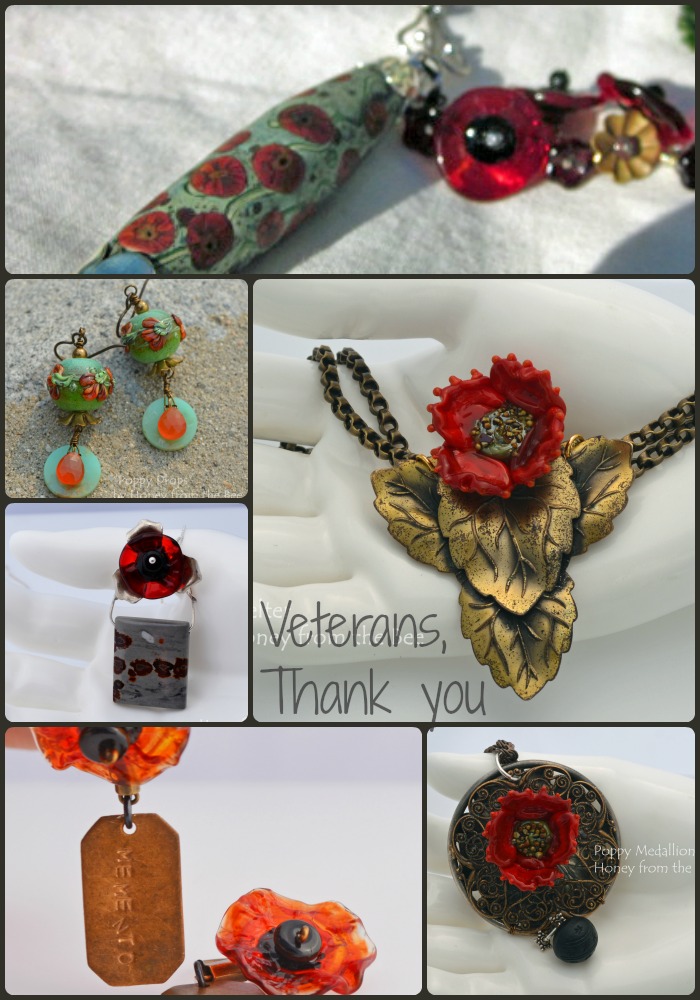 Collage of Poppy jewelry by Honey from the Bee
