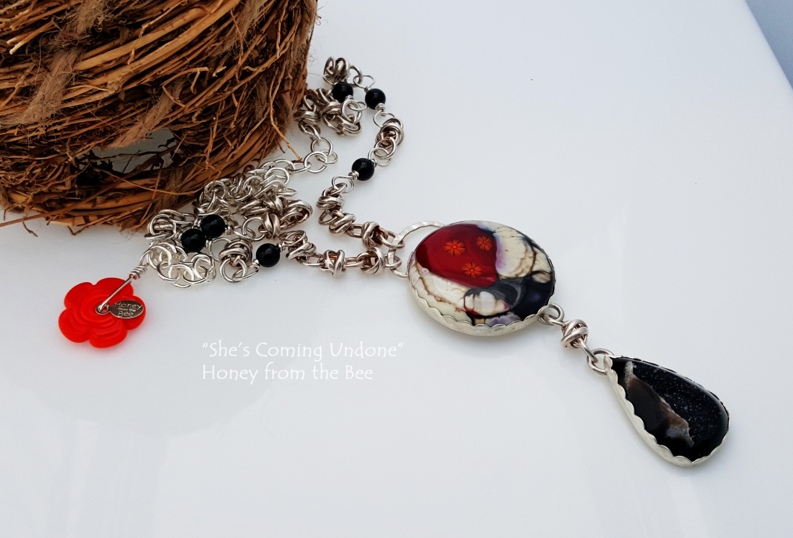 Black Druzy and Lampwork Cabochon necklace